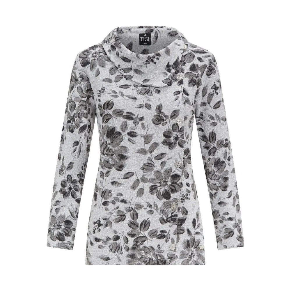 TIGI 14/16 Greys Leaf Print Split Cowl Neck Top