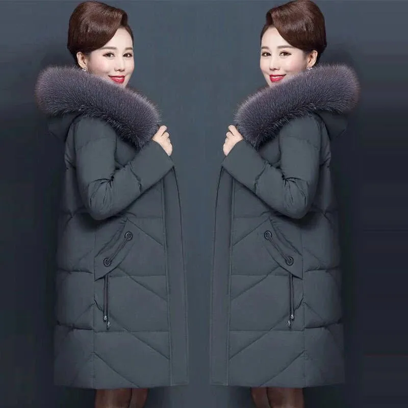 Women's Thickened Hooded Winter Jacket with Big Fur Collar - Warm Mid-Length Cotton Padded Coat, Zippered Casual Outerwear