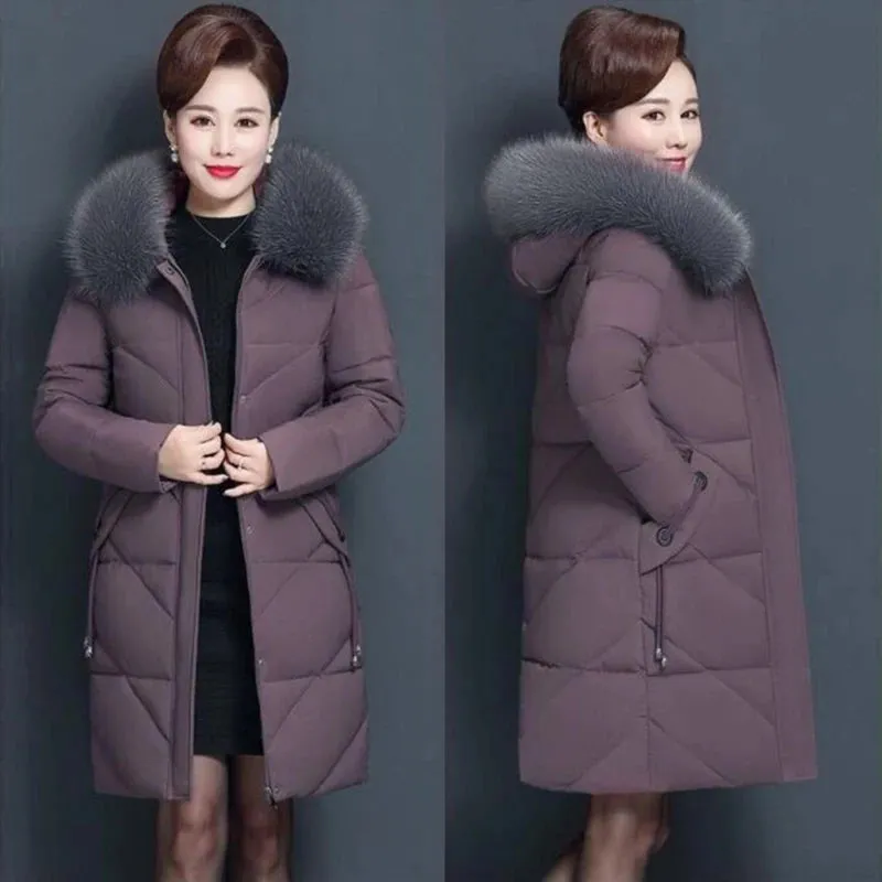 Women's Thickened Hooded Winter Jacket with Big Fur Collar - Warm Mid-Length Cotton Padded Coat, Zippered Casual Outerwear