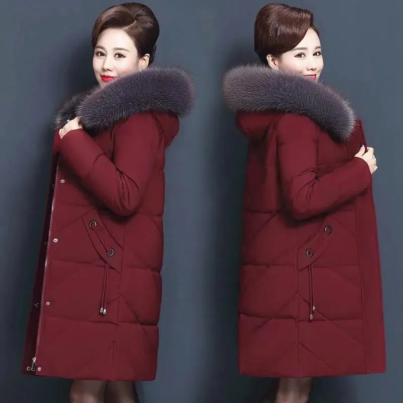 Women's Thickened Hooded Winter Jacket with Big Fur Collar - Warm Mid-Length Cotton Padded Coat, Zippered Casual Outerwear