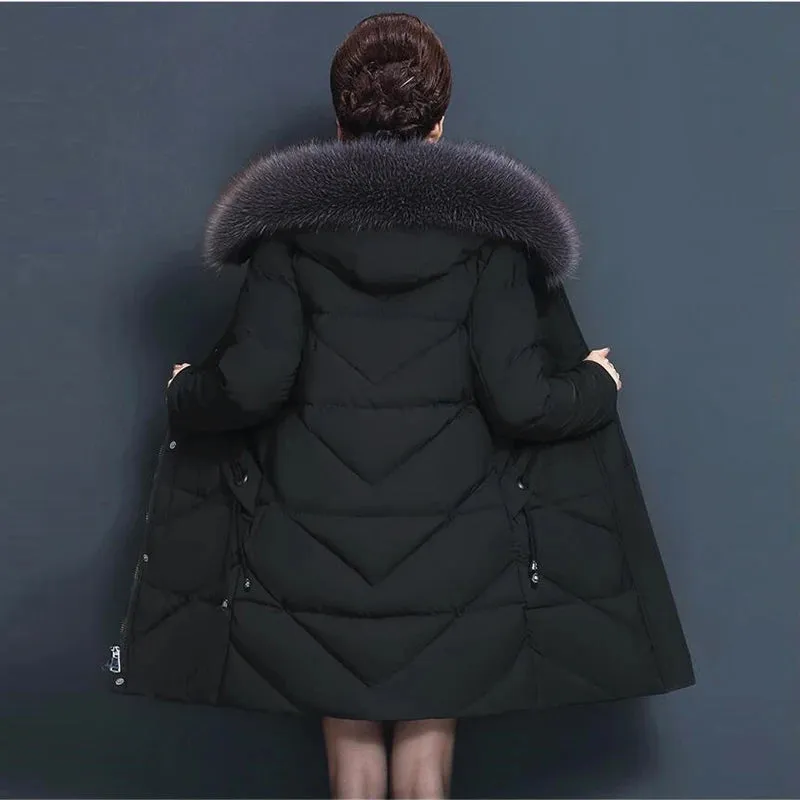 Women's Thickened Hooded Winter Jacket with Big Fur Collar - Warm Mid-Length Cotton Padded Coat, Zippered Casual Outerwear